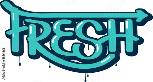 Fresh graffiti, street art style word, urban text lettering in paint spray, vector airbrush calligraphy. Word fresh in graffiti letters with arrow and green paint leak drips, wall graffiti drawing