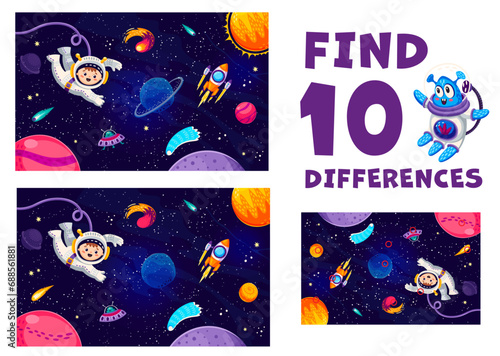 Find ten differences at space galaxy landscape with astronaut and cartoon planets. Matching game vector worksheet with alien and human kids astronaut cute characters, rocket flying in outer space