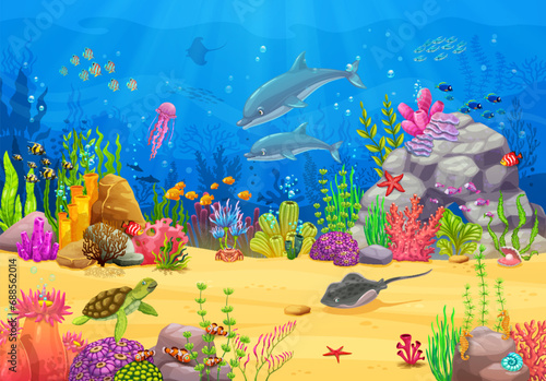 Sea underwater cartoon dolphin and turtle, stingray, jellyfish animals and seaweeds on ocean landscape. Game level vector background with under water world, blue waves, sand bottom, seashell, starfish