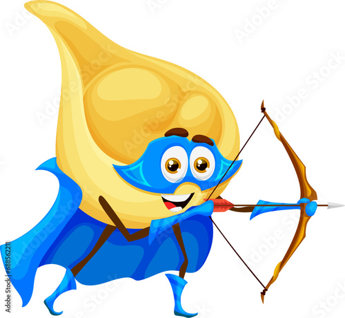 Cartoon Italian tortellini pasta superhero character, vector funny cute food. Tortellini pasta super hero or archer with arrow bow in blue power cape cloak as comic guardian warrior