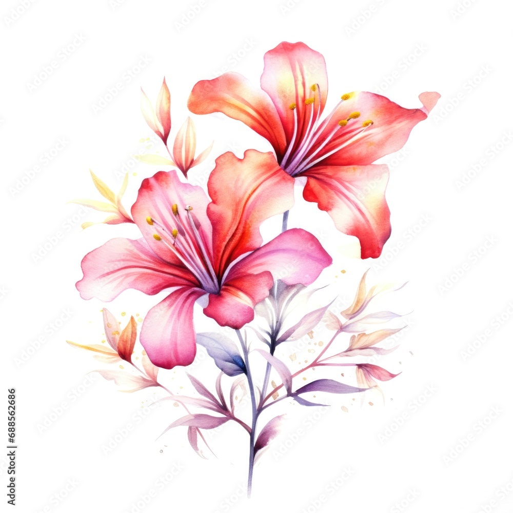 Colorful watercolor hibiscus flowers illustration on a white background. Generative AI
