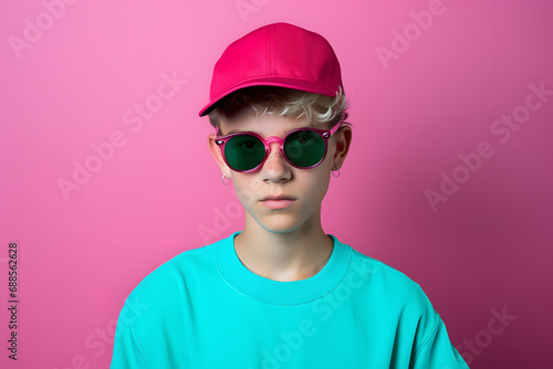 Colorful studio portrait of a cool teenager boy with age specific outfit and accessories. Bold, vibrant and minimalist. Generative AI © Mihai Zaharia