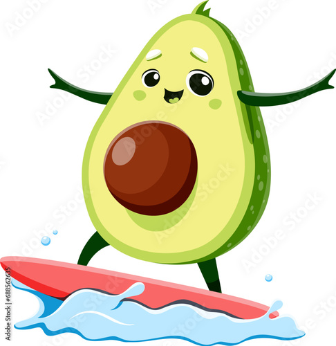 Cartoon kawaii Mexican avocado character with surfboard on sea wave, vector kids personage. Funny cute avocado on summer holiday vacations surfing on ocean wave, cute emoji emoticon or kids mascot