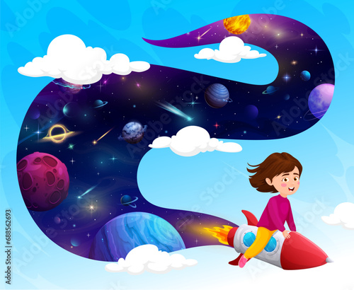 Cartoon kid girl flying on rocket in blue sky, space galaxy adventure vector poster. Outer space exploration and spaceflight travel to galactic planets by kid girl for education or school background