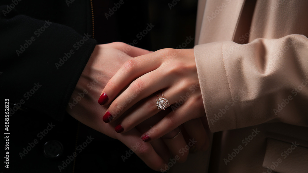 Cropped view of woman in ring on finger holding man hand. 