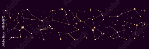 star constellation border. night galaxy space sky map, mystic astrology. Vector background for astronomy, esoteric, tarot, and magic. Chart displaying positions of celestial objects visible in sky photo
