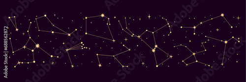 star constellation border. night galaxy space sky map, mystic astrology. Vector background for astronomy, esoteric, tarot, and magic. Chart displaying positions of celestial objects visible in sky
