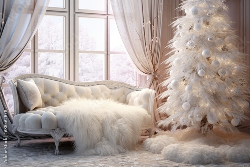Elegant Christmas living room interior with white tree and snowy view. Holiday home decor.