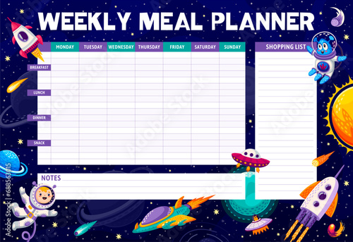 Space weekly meal planner with cartoon galaxy characters and planets. Vector food plan or diet schedule on starry space background with astronaut and alien personages, UFO spaceship, rocket, starship