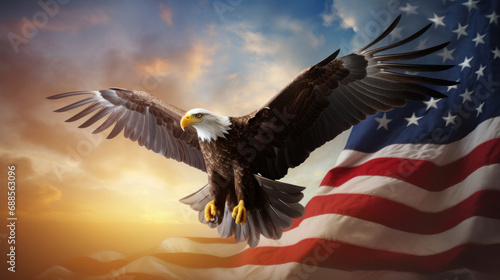 Soaring bald eagle against a sunset sky, with the American flag waving in the background photo
