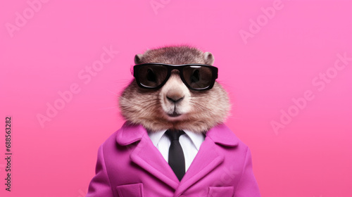 Stylish groundhog in sunglasses and suit, ready for Groundhog Day