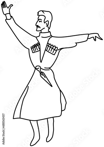 Georgian man dancing in a national costume, with a dagger on his belt. A mustachioed highlander. A simple drawing, digital line art