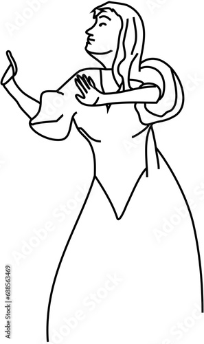 A young girl with long hair in a ball gown, capricious woman shows with a gesture her unwillingness. A simple drawing, digital line art