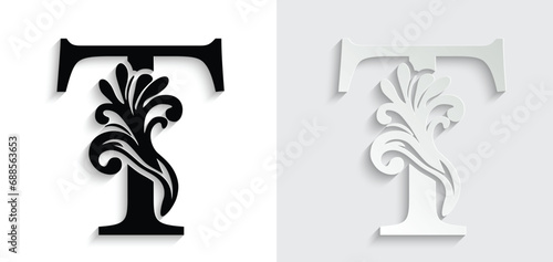 letter T. flower letters. Vintage ornament initial Alphabet. Logo vector	
