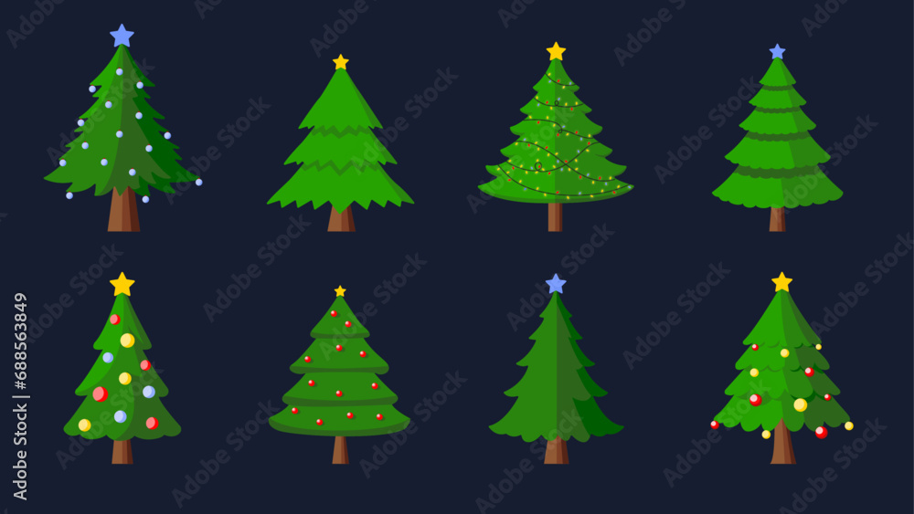 Set of fun, festive, christmas tree vectors with lights, stars and baubles