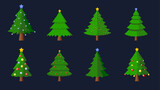 Set of fun, festive, christmas tree vectors with lights, stars and baubles