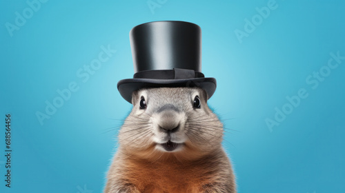 Charming groundhog in a top hat against a blue backdrop. photo