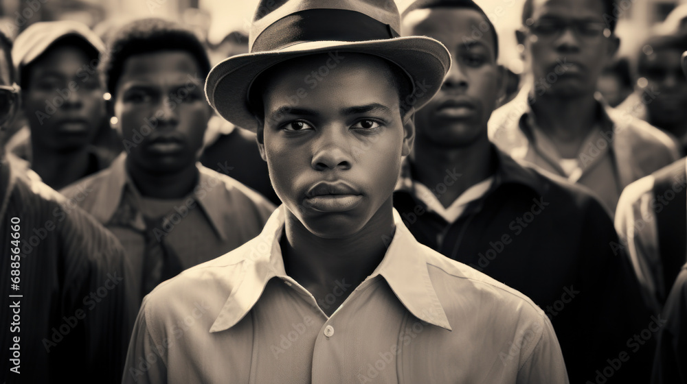 Solemn young man at a historic rally, encapsulating the spirit and hope of Black History Month Solemn young man at a historic rally, encapsulating the spirit and hope of Black History Month