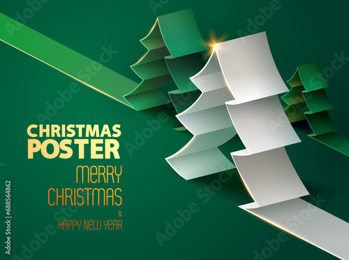 Christmas greeting card design with green origami fir tree on green background. Holiday festive template for poster, banner and flyer.