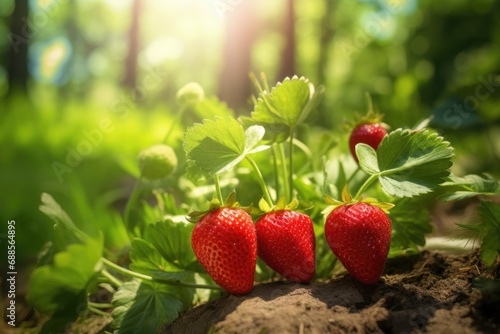 strawberry grow in the orchard garden in sunny day.