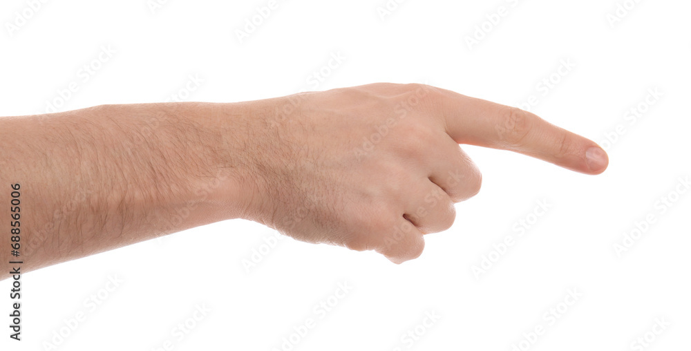 Man pointing with index finger on white background, closeup Man pointing with index finger on white background, closeup
