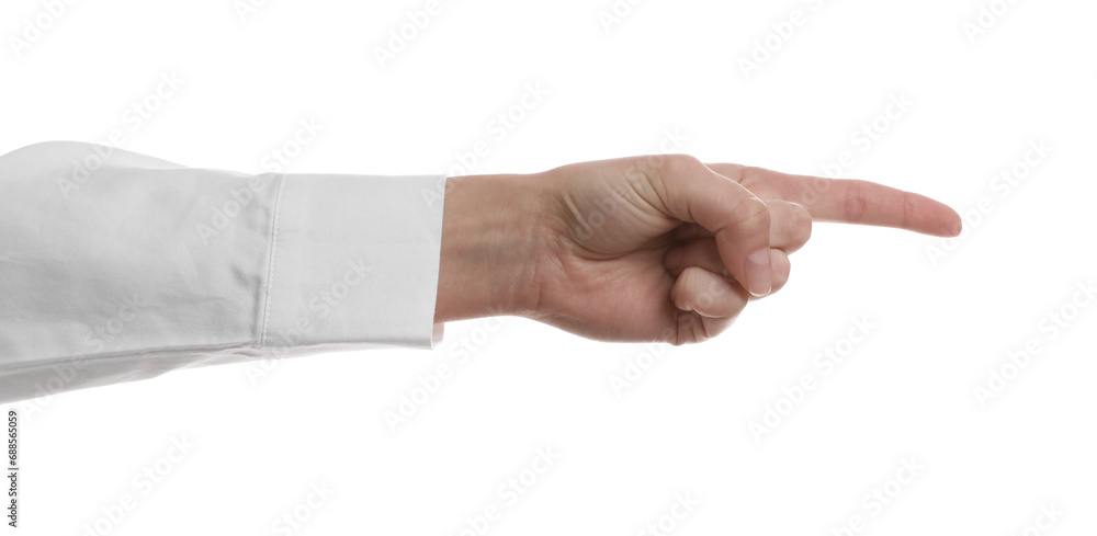 Woman pointing with index finger on white background, closeup. Responsibility concept Woman pointing with index finger on white background, closeup. Responsibility concept
