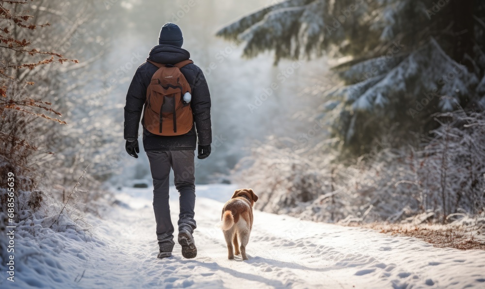 A Serene Winter Stroll with Man and Canine Companion