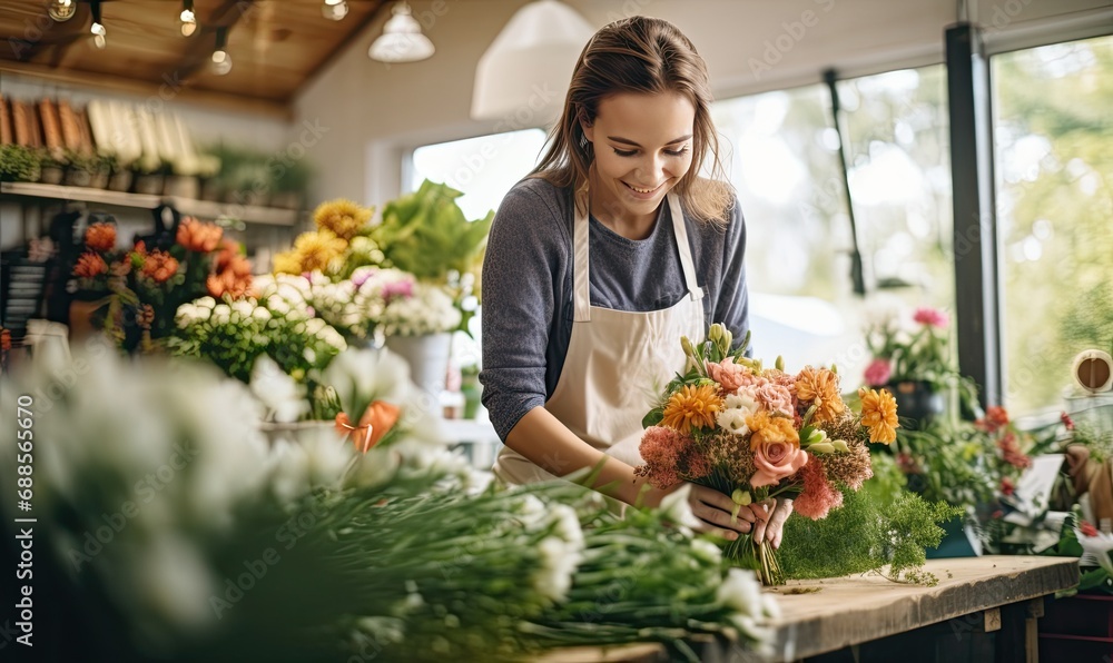 A Woman Creating Beautiful Floral Arrangements in a Charming Flower Shop