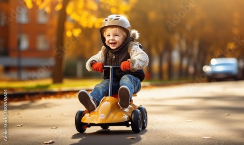 Child Riding a Scooter Through a Lively Neighborhood
