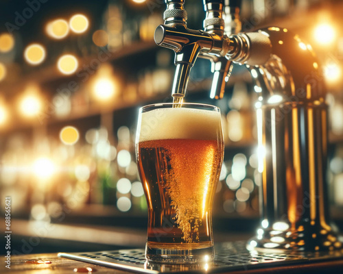 Light beer from the tap, a large glass of frothy beer. photo