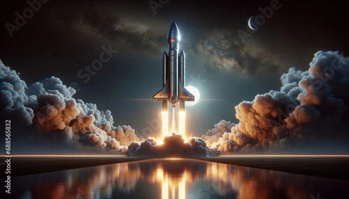 Rocket liftoff into cloudy sky, space shuttle mission launch, spaceship ascending for lunar exploration, concept of space travel to the Moon. photo