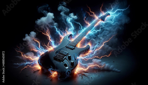 Rock Music Concept: Guitar in Flames and Electric Discharges