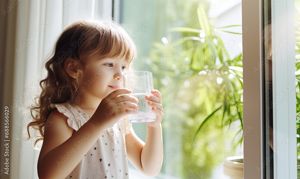 A Refreshing Moment: Little Girl Quenching Her Thirst with a Glass of Water A Refreshing Moment: Little Girl Quenching Her Thirst with a Glass of Water