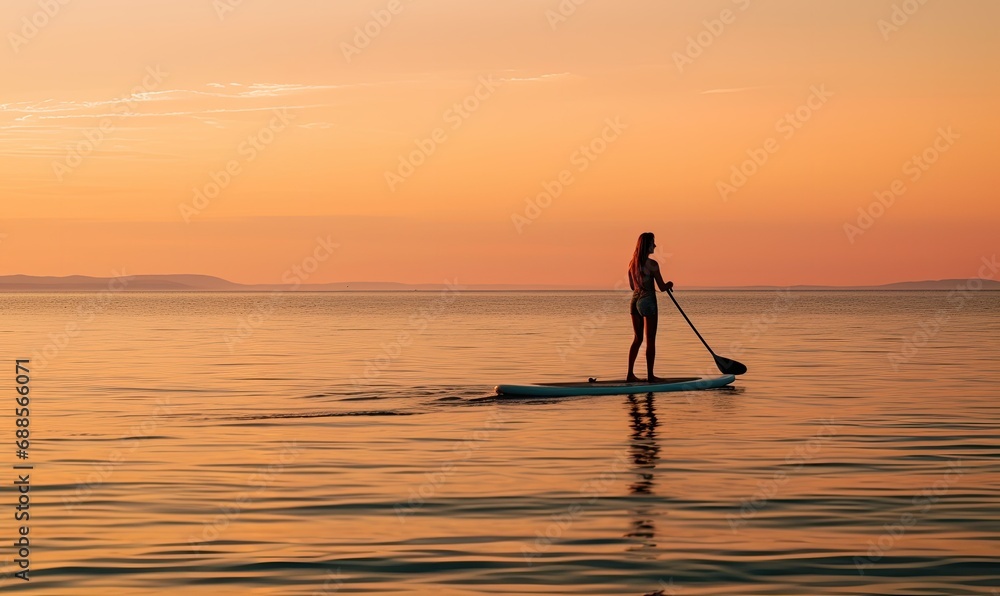 Photo of a Serene Paddle Boarder Gliding Across the Glistening Waters