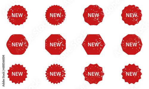 New Product Tag Set. Advertising Rubber Stamp. Price Offer Grunge Badge. Special Discount Red Stickers in Different Shapes. Sale Offer Label. Promotion Symbol Collection. Isolated Vector Illustration