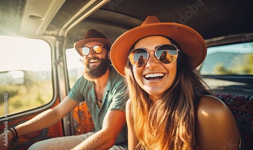 Photo of a Couple Enjoying a Scenic Ride in a Vintage Truck