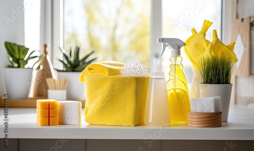 Photo of Yellow Cleaning Supplies on a White Countertop