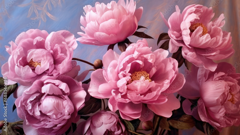 Watercolor oil pink peony large beautiful flowers print poster illustration wedding engagement design, generative AI Watercolor oil pink peony large beautiful flowers print poster illustration wedding engagement design, generative AI