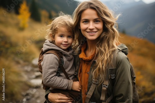 A mother with a child through the mountains. An active lifestyle.