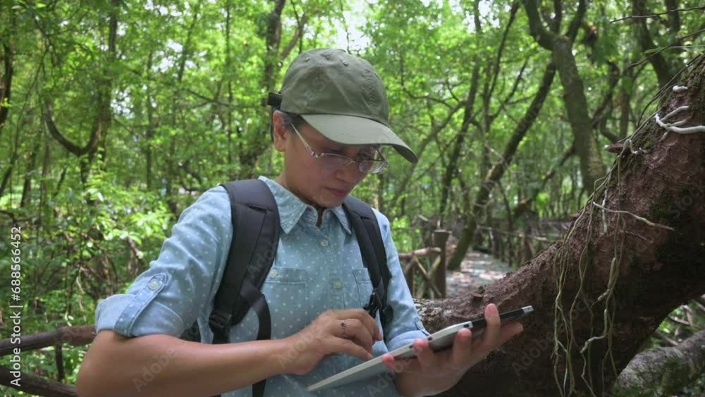 Asian woman ecosystem researcher working on digital tablet while observing the nature of plants growing in mangrove forest. Biodiversity in tropical rainforest. Environmental conservation. Asian woman ecosystem researcher working on digital tablet while observing the nature of plants growing in mangrove forest. Biodiversity in tropical rainforest. Environmental conservation.