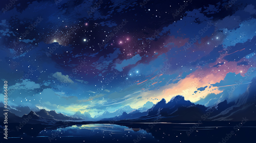 Night sky with mountains, lakes and stars