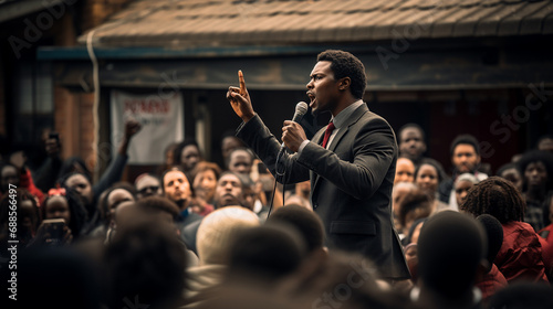 Black man speaking into a microphone to people on the street