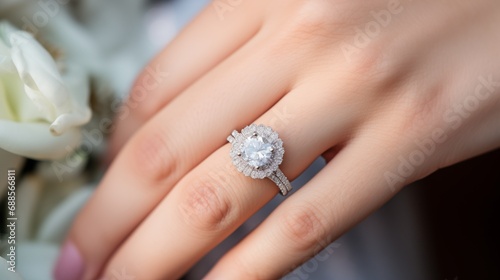 Dazzling diamond-adorned wedding rings showcased in a close-up on the bride's finger, adding a touch of elegance and sophistication to the joyous wedding celebration.