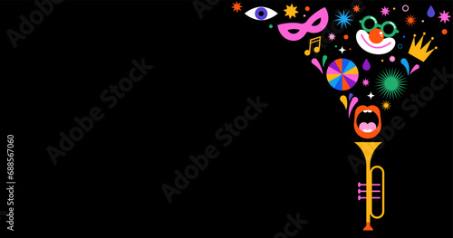 Happy Carnival, colorful geometric background with splashes, speech bubbles, masks and confetti 