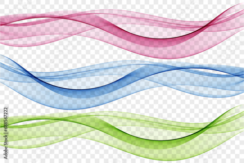 Abstract wave on a transparent background. Blue, green and pink wave, set.