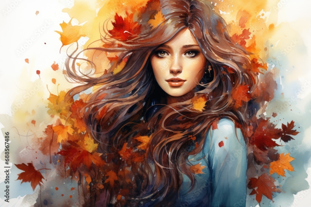 Watercolor autumn girl with long hair and leaves on white background Watercolor autumn girl with long hair and leaves on white background