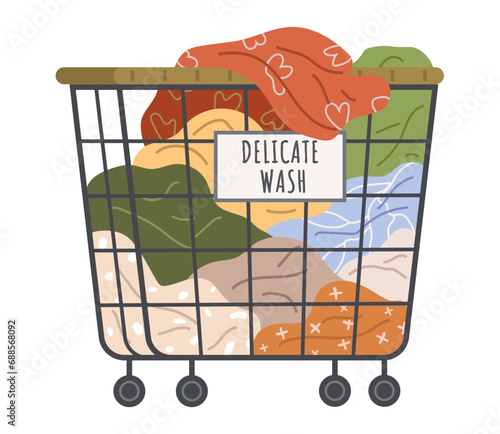 Dirty clothes, apparel heap in basket. Pile of delicate clothing, laundry vector illustration. Clothing and garment care, housekeeping concept. Basket with dirty textile, fabric or napkin for washing