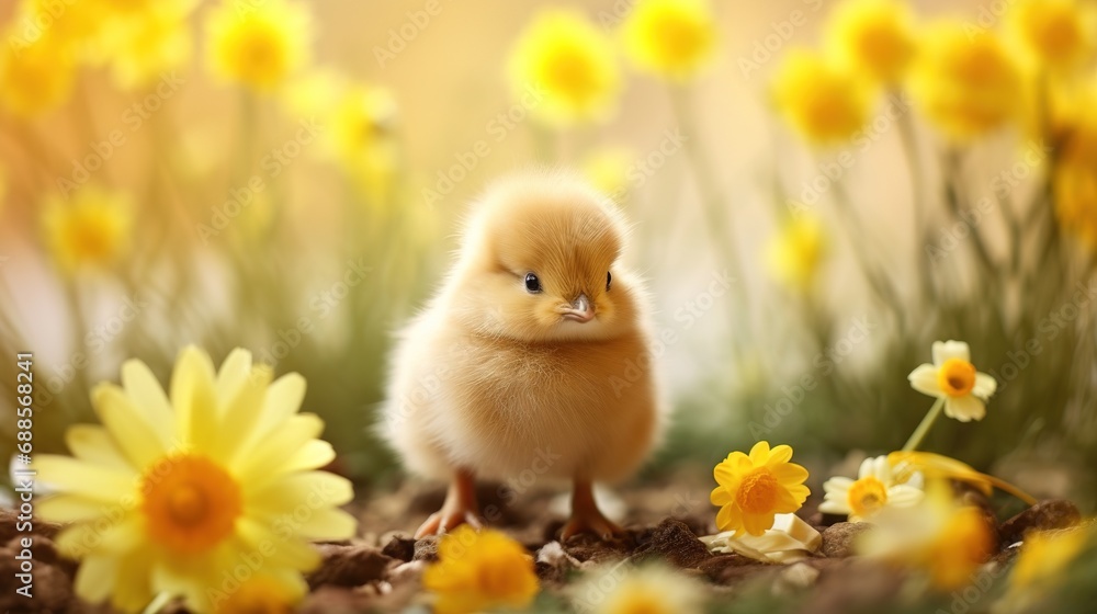 Little cute yellow chick in spring flowers. Happy Easter banner. Springtime background