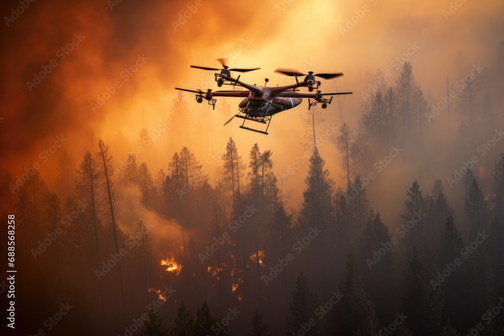 Air firefighting with drone of wildfire in forest. Air firefighting with drone of wildfire in forest.