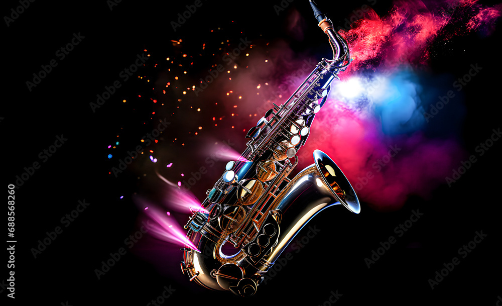 Saxophone on a dark background, with bright beams - obrazy, fototapety, plakaty 